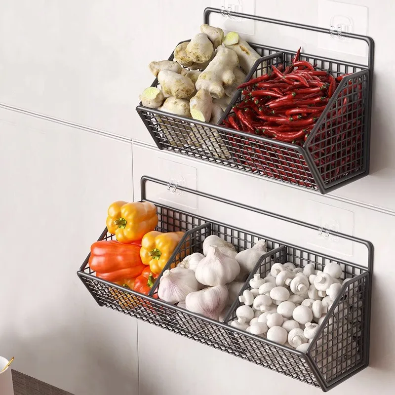 Kitchen Shelf Iron Wall Mounted Storage Rack Onion Ginger Garlic Seasoning Storages Basket Condiments Punch-Free Drain Storages