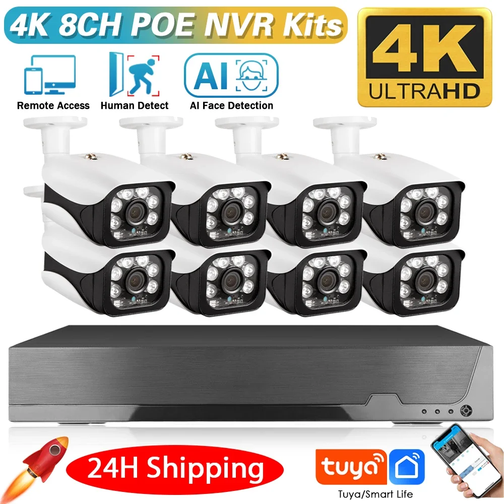 

4K 8MP TUYA Security Kit 8CH POE NVR Outdoor Audio Record Human Detection Bullet IP Camera Video Surveillance Smart Life System
