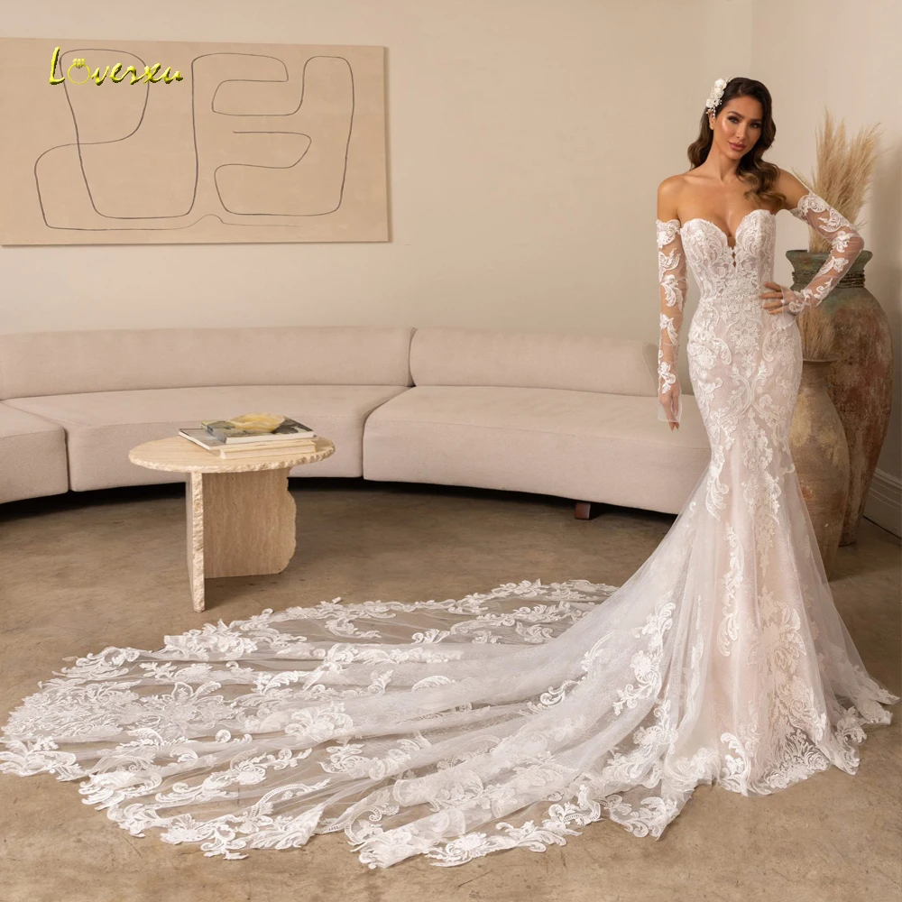 

Loverxu Mermaid Elegant Wedding Dresses 2024 Strapless Detachable Sleeve Vestido De Novia Lace Appliques Vintage Robe De Mariee