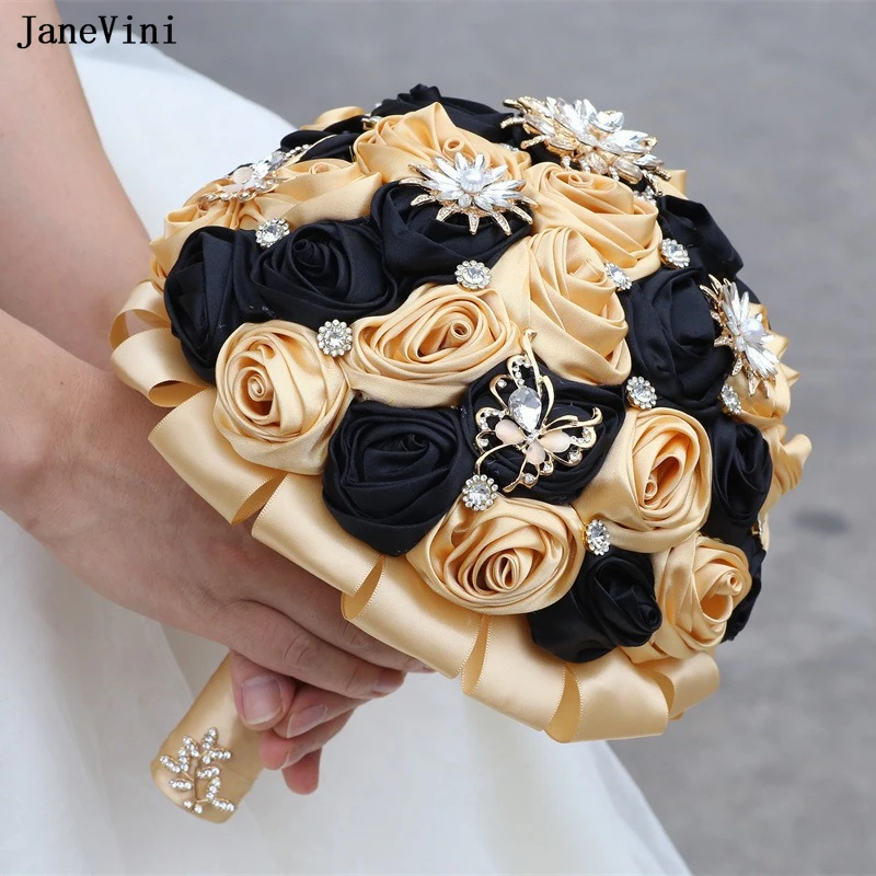 

JaneVini Elegant Light Khaki Black Bridal Bouquets Bling Crystals Artificial Satin Roses Fake Flower Bouquet Wedding Accessories