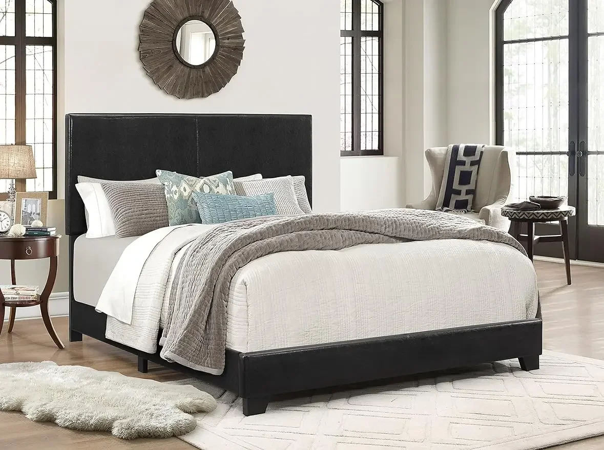 Upholstered Panel Bed with headboard, footboard and rails,Squeak Resistant,Clean line style, Black/Grey,Full