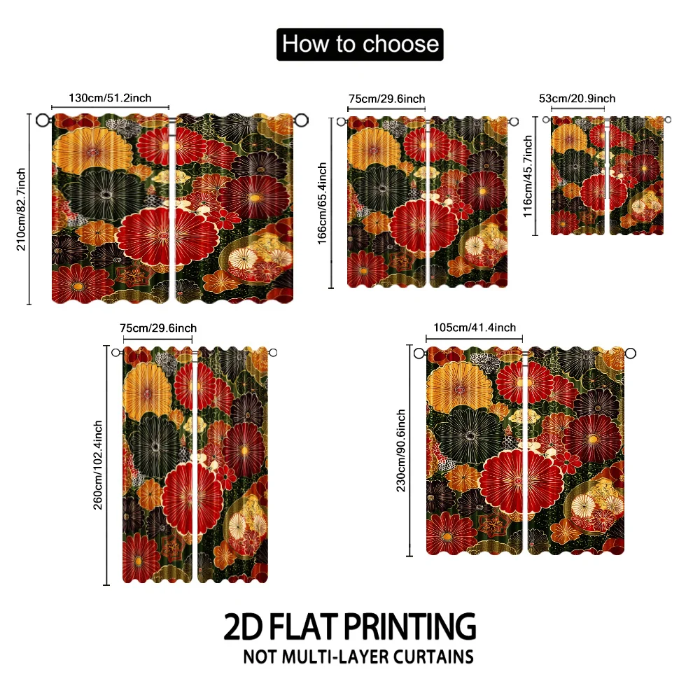 Japanese-style chrysanthemum pattern Print Drapes Room Darkening Window Curtains Home Decor,Rod Pocket Blackout Curtains Bedroom