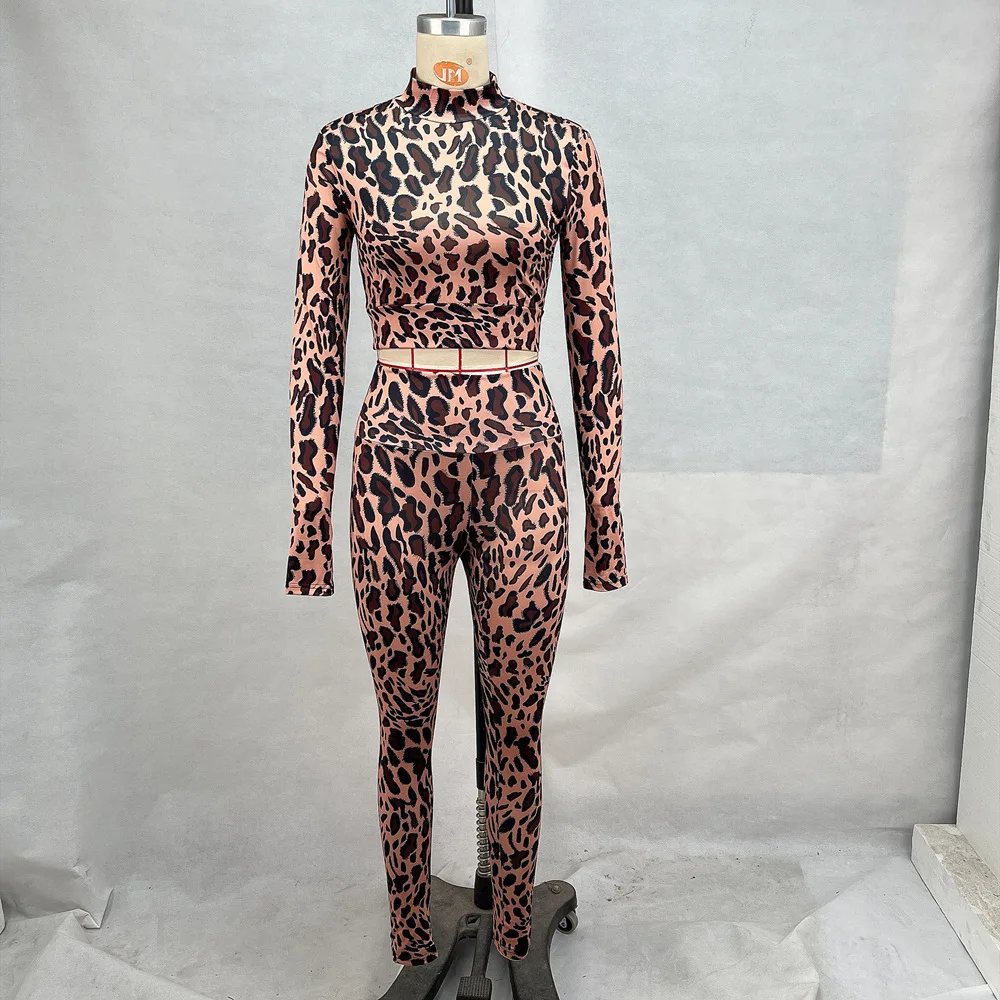 Gtpdpllt Sporty Leopard Print 2 Piece Set Long Sleeve Crop Top And Long Pants Sexy Streetwear Outfits For Women Summer Co Ord