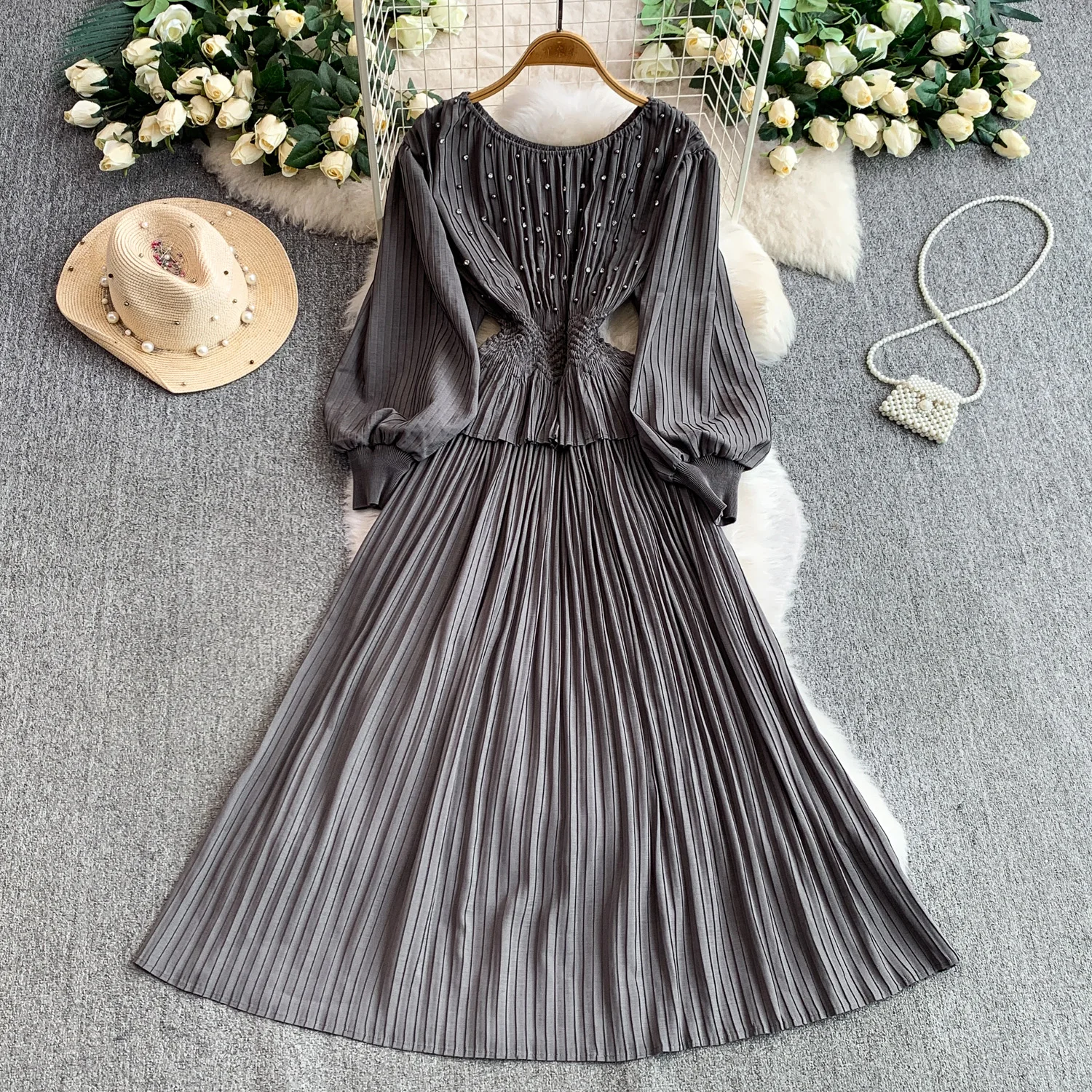 ชุดเดรสวินเทจประดับลูกปัด จับจีบ ดีไซน์หรูหรา สไตล์แฟรี่ แฟชั่นเกาหลี ชุดเดรสลำลองสำหรับฤดูใบไม้ร่วง เสื้อผ้าผู้หญิง