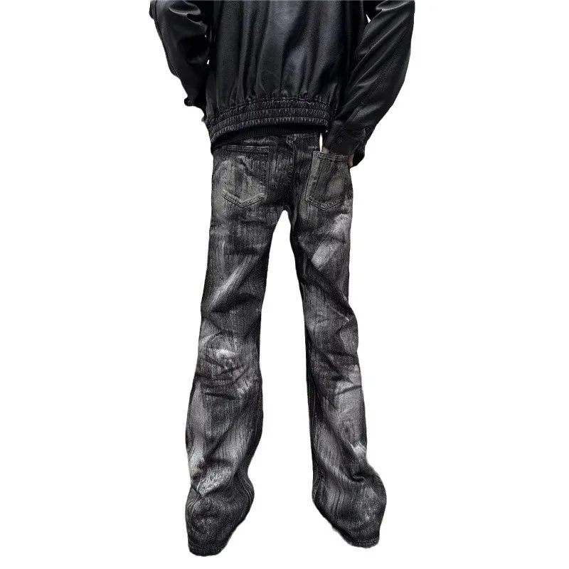 

High Street Black Loose Zipper Design with Tie Dye Retro Jeans