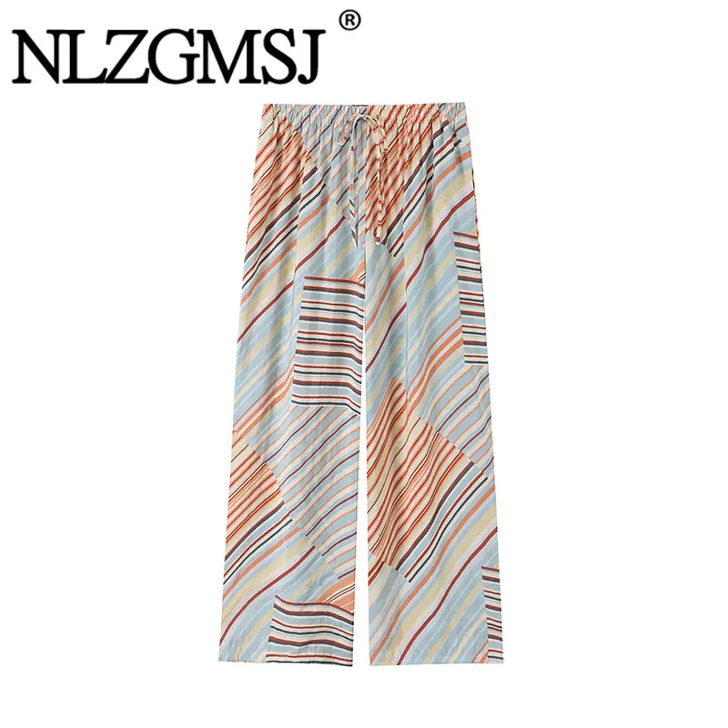 NLZGMSJ 2026 Summer Chic Stripe Streetwear Women Pants Fashion New Casual High Waist Wide Leg Trousers