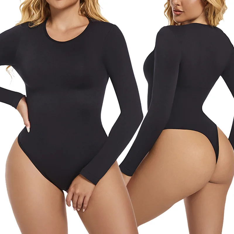 

Seamless Long Sleeve Thong Bodysuit Shapewear High Compression Fajas Body Shaper Tummy Control Round Neck Jumpsuit Tops