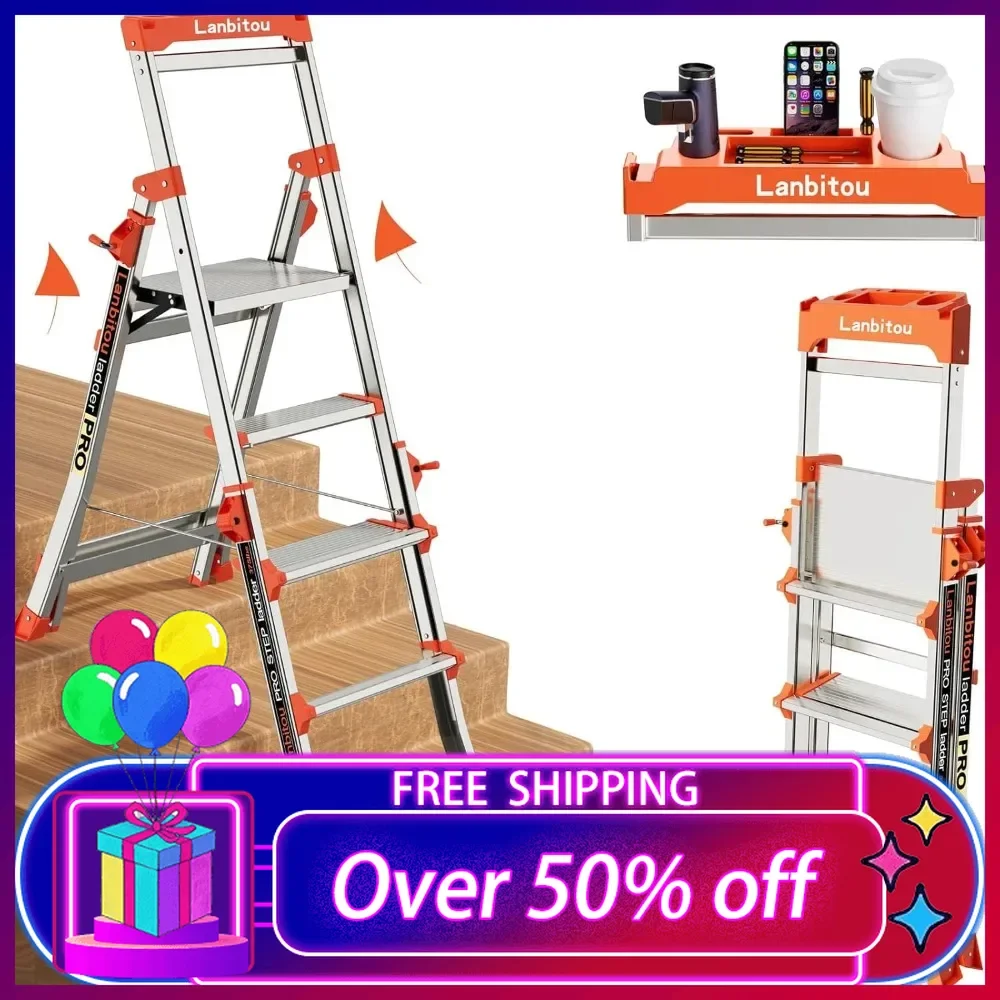 

Ladder, Aluminum 5 Step Ladders with Handrails, Anti-Slip Wide Pedal,Tool Platform, Folding Stool Step Ladder, 330lbs-Capacity