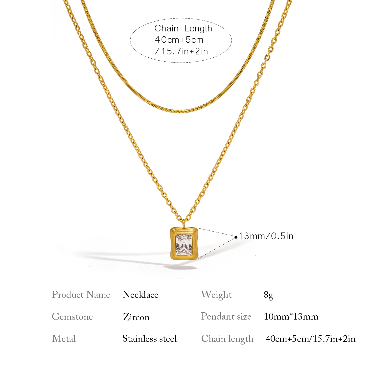 Trendy Green Pink White Zirconia Pendant Necklace for Women 316l Stainless Steel Cast Double-deck Chain Gold Color Jewelry