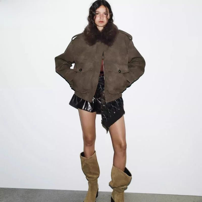 

Faionable Versatile Detachable Collar Faux Suede Effect Jaet Outerwear for Women Autumn 2025 Comfortable Knitted Cotton