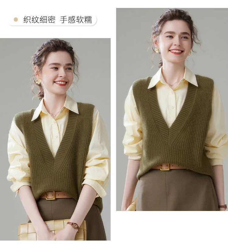 Autumn and Winter Ladies 100% Cashmere Vest V-neck Cardigan Coffee Color Pullover Top Temperament Generous Simple Smooth Luster