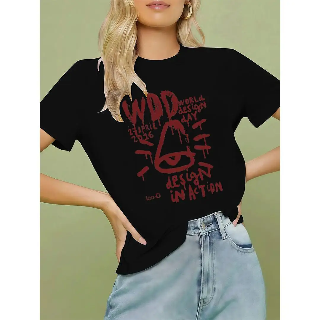 

Women'S Casual Black T-Shirt With "WDD WORLD DESIGN DAY" Graphic - Short Sleeve, Round Neck, Light Wash Jeans, Spring & Summer