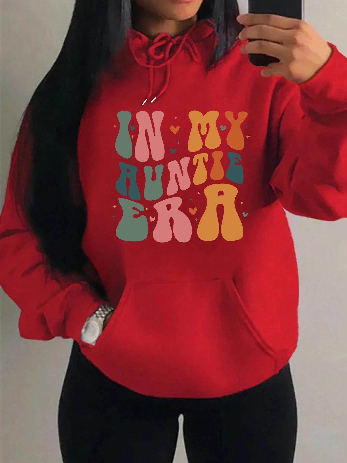 In My Auntie Era Colorful Word Pattern Women Clothes Fashion Pocket Hoodie Autumn Unisex Clothing Casual Loose Female Hoodies