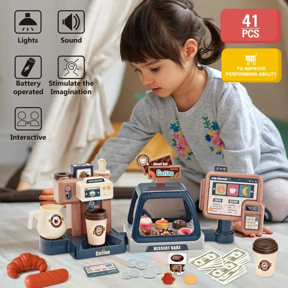 

Pretend Role 41Pcs Coffee Machine Set Kitchen With Sound Light Simulation Food Bread Coffee Cake Shopping Cash Register Toy