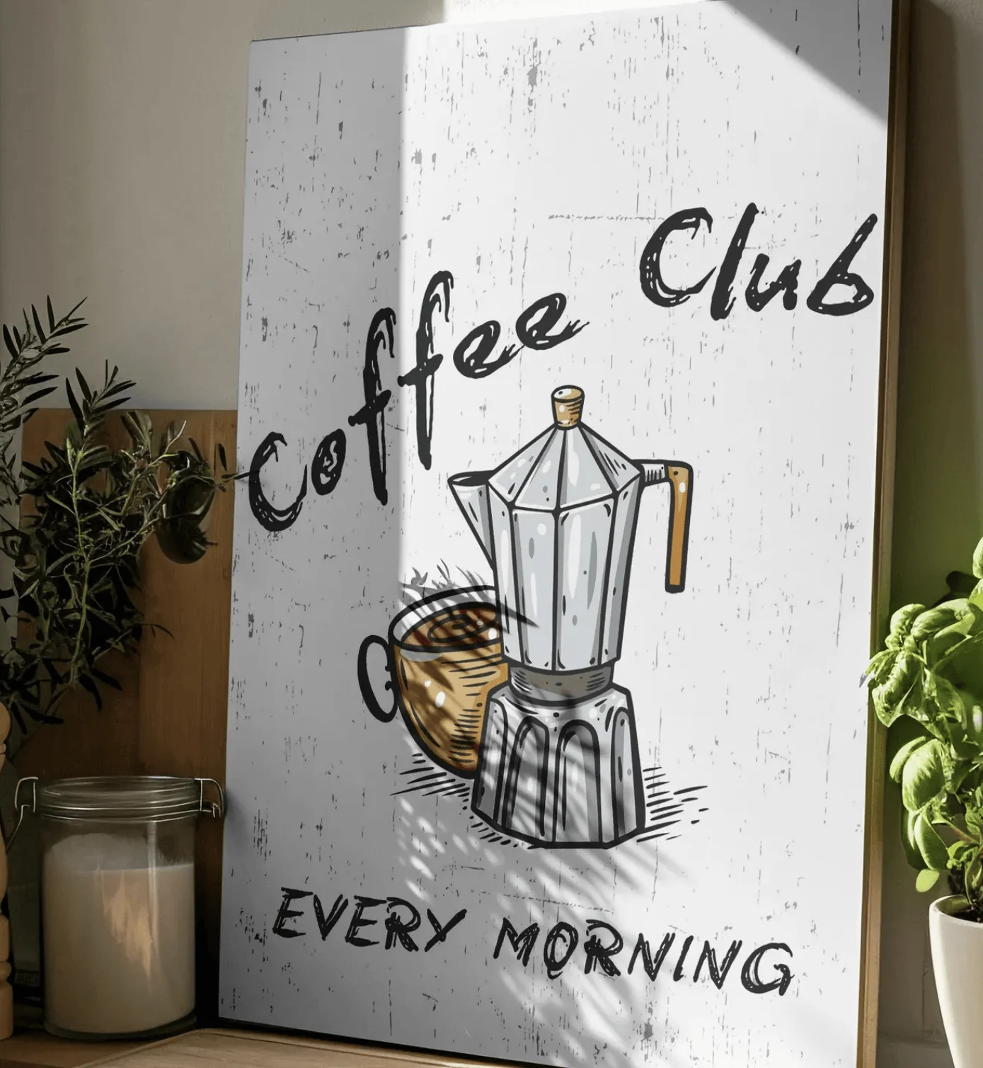 Coffee Club Every Morning Wall Art Canvas Prints, Vintage Moka Pot Coffee Posters, Retro Decor for Kitchen Dining Cafe Decor