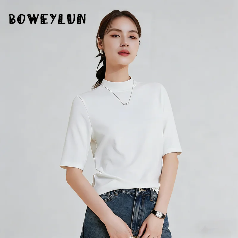 

BOWEYLUN Women's French Style Mock Neck Half Sleeve T-Shirt Women Slim Fit Solid Color Bottoming Shirt for Spring