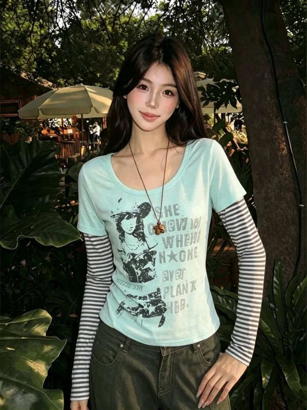 American Style Long Sleeve T-Shirt Women's Slim Fit Portrait Print Casual Top Green Stripe Splicing Fake Two-Piece Shirt