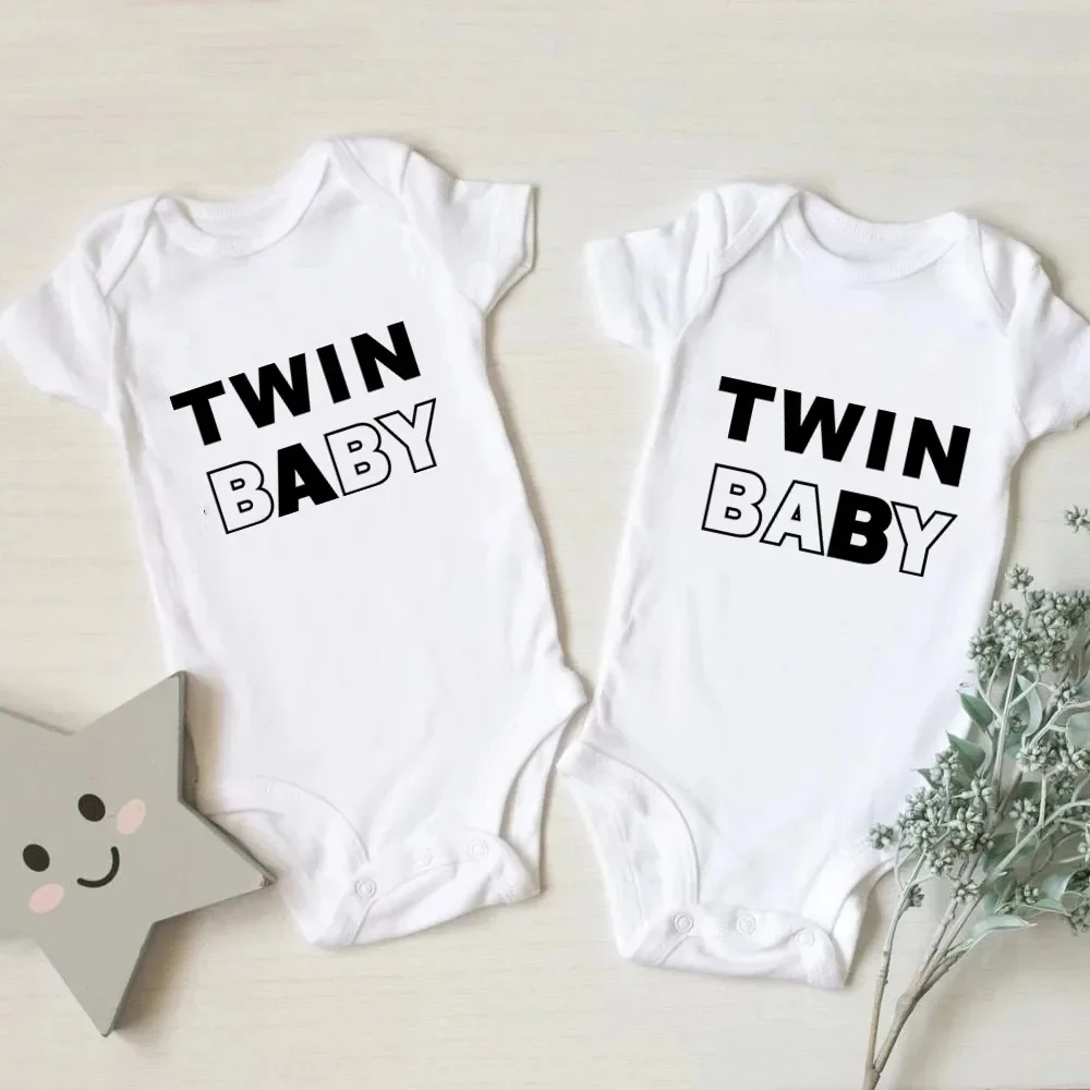 Twin Baby Letter Print Newborn Infant Baby Boys Girls Cotton Bodysuit Twins Clothing Romper Jumpsuit Hipster Baby Clothes