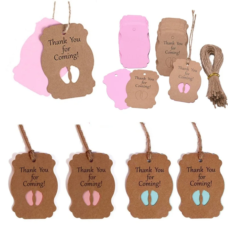 50pcs Baby Feet Tags Kraft Paper Thank You for Coming Tags with Jute Twine for Baby Shower DIY Party Favors Decoration