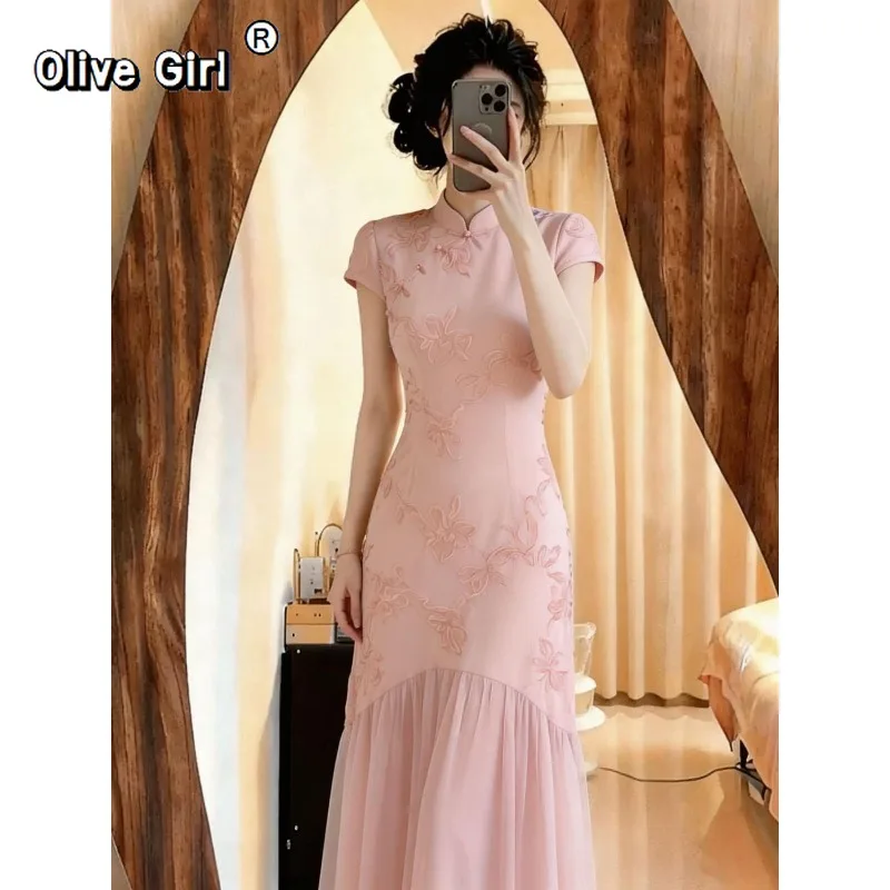 Olivegirl 3D Flower Qipao Dress Cheongsams Elegant Sweet Bodycon Bodysuit Long Dresses Women's Clothing Summer 2026