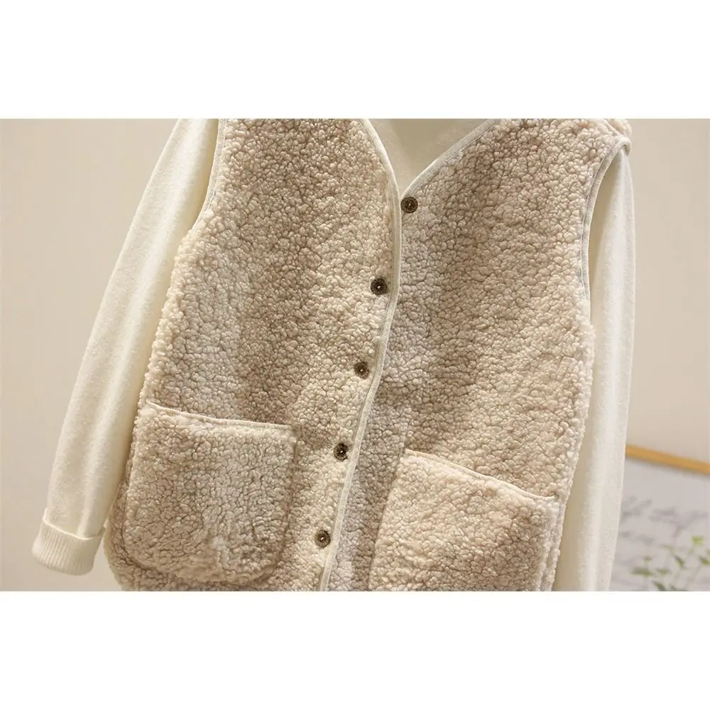 Fashion Lamb Hair Winter Fleece Vests Thermal Solid Color Button Waistcoat Short Type Warm Thick Ladies Coats for Women