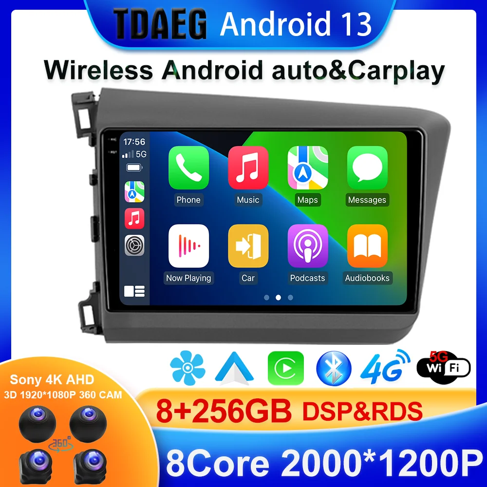 

Wireless Android 13 auto carplay 256G For Honda Civic 9 FB FK FD 2011 - 2015 Car Radio Multimedia Video Player Navigation GPS