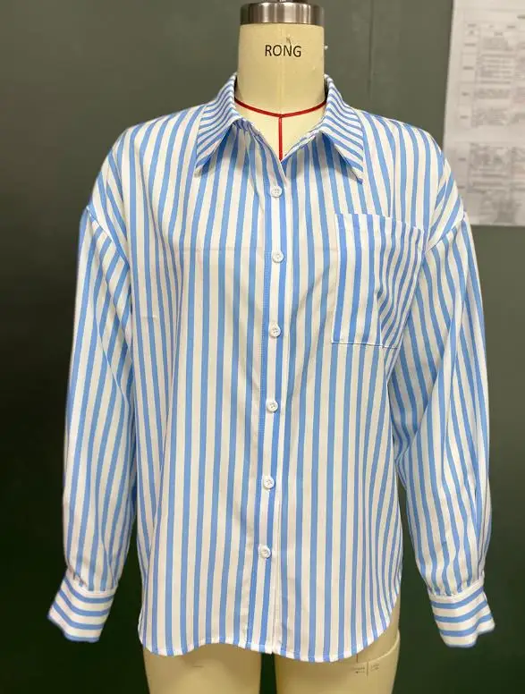 Woman Blouse 2025 Spring Autumn New Fashion Striped Turn-Down Collar Long Sleeved Pocket Design Loose Casual Daily Shirt