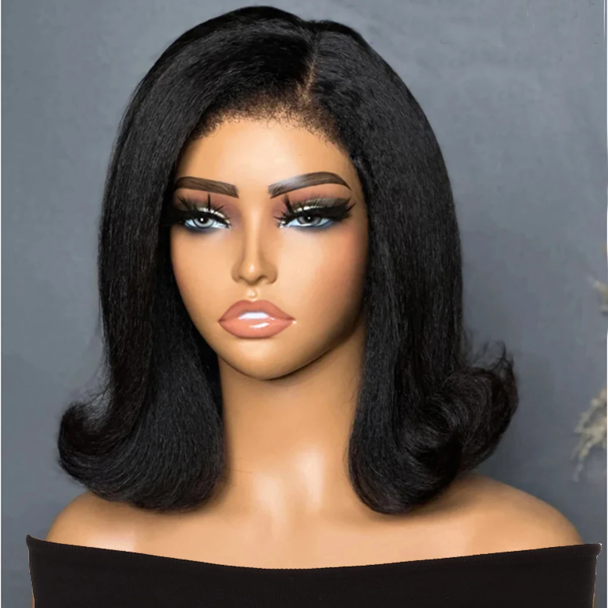 Short Bob Preplucked Soft 14 Inch Natural Black Yaki Kinky Straight Wave Lace Front Wig For Women With Baby Hair Glueless Daily