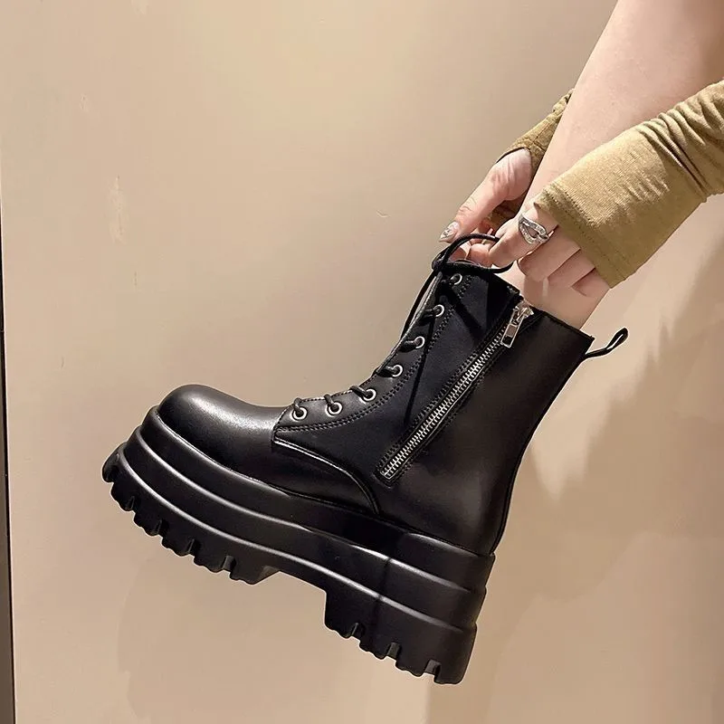 New Women Pu Leather Ankle Booties Woman Autumn Winter Round Toe Lace Up Shoes Woman Motorcycle Platform Gothic Boots Cosplay 11
