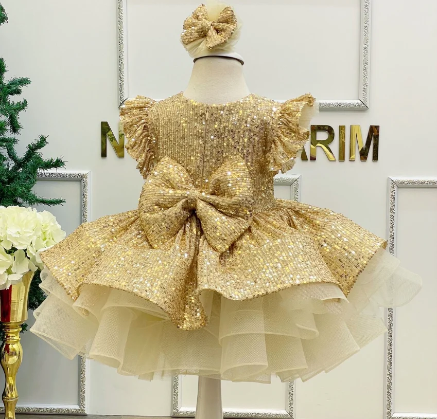 New Gold Baby Girls First Birthday Party Dresses Kid 1-8 Years Tutu Outfit Lovely Vestidos Kids Clothes Flower Girl Dress