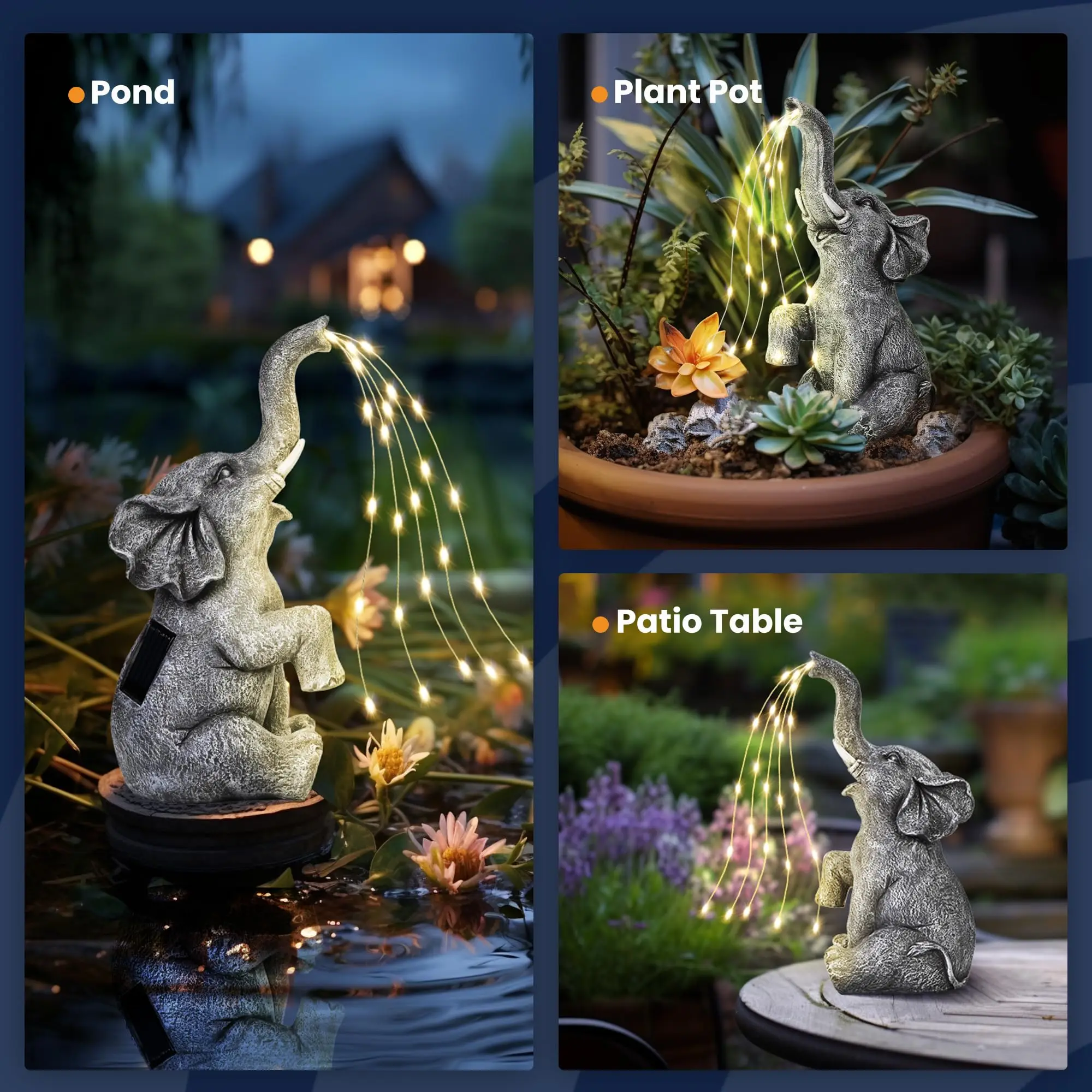 Estátua de elefante decoração solar de jardim cordas de luz LED, presentes de aniversário para mulheres, presentes para mamãe, decoração de elefante ao ar livre para jardim