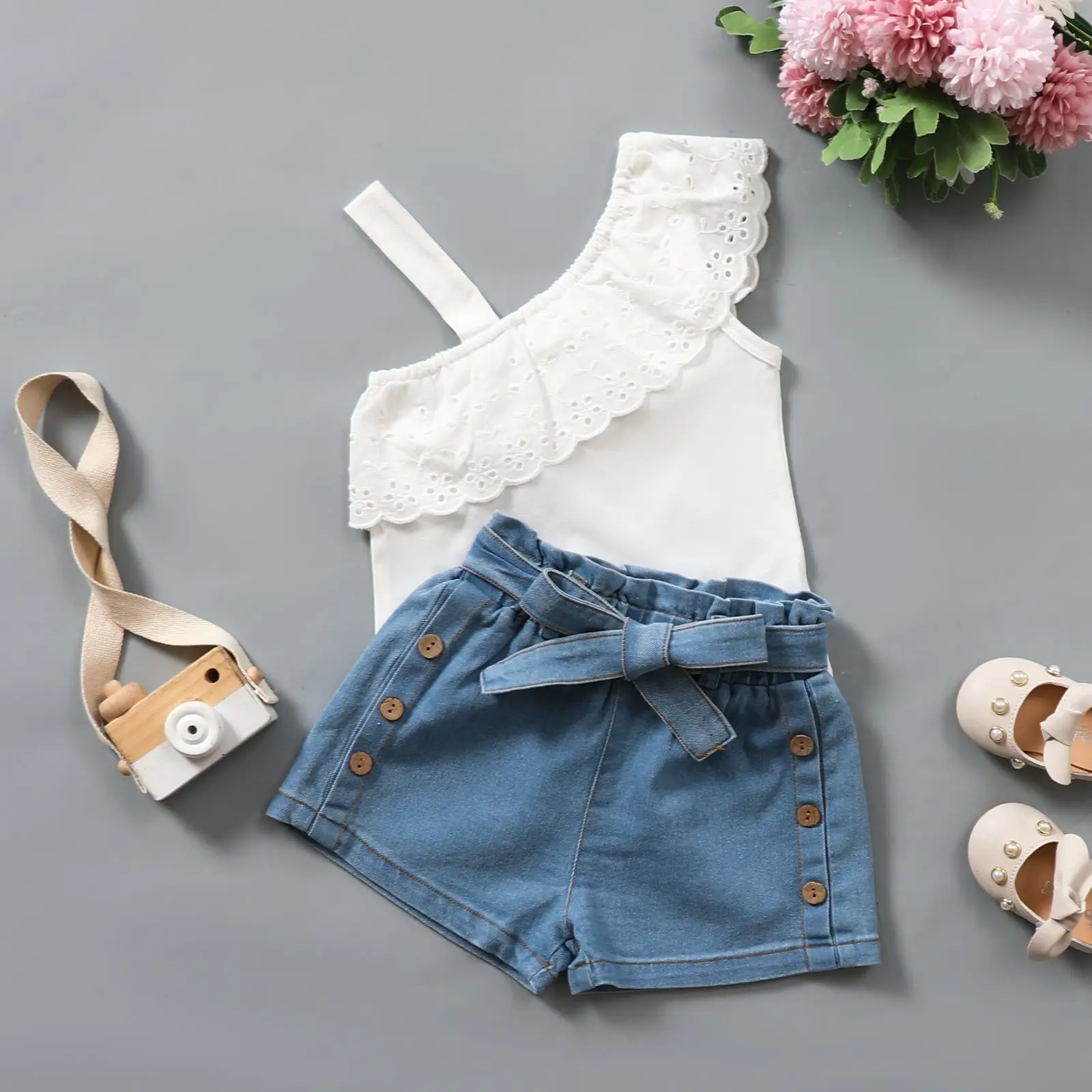 

Summer Girls Clothing Set Fashion Kids Clothes Solid Single Strap Sleeveless Top + Denim Shorts 2Pc Outfit For Children Clothes