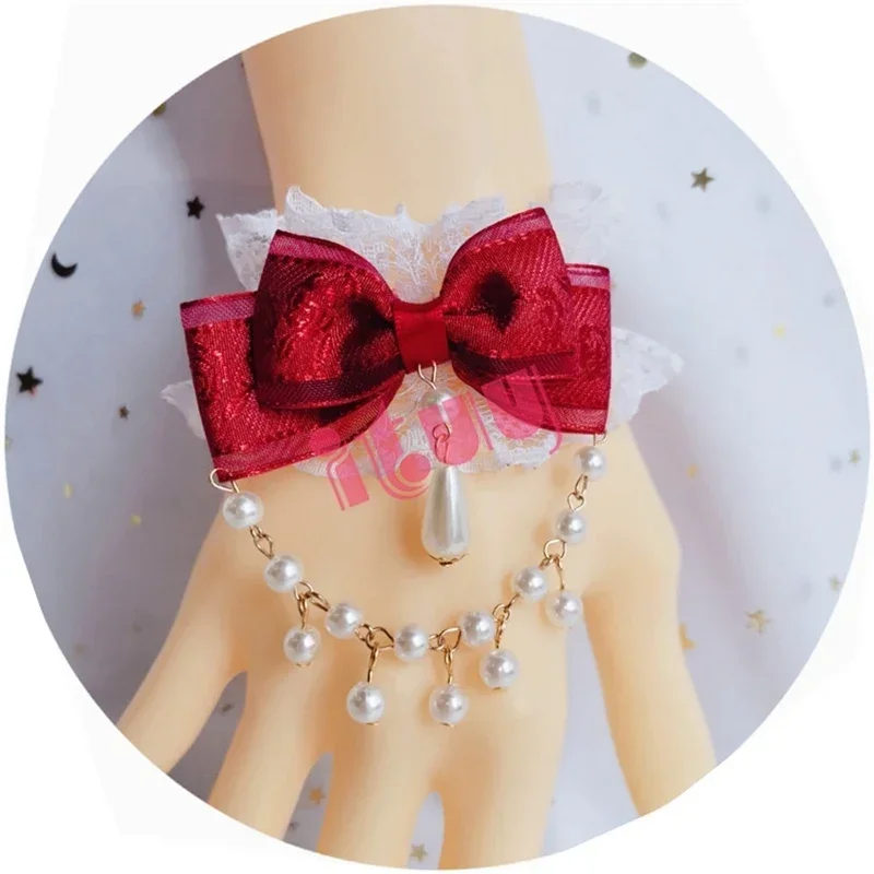 Kawaii giapponese Lolita KC bracciale manica a mano Bowknot rosso ciondolo perla pizzo manica a mano ornamenti ragazza accessori sposa