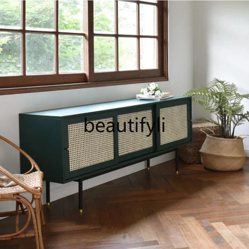 Nordic solid wood dining side, simple modern tea, living room TV cabinet, dark green rattan locker