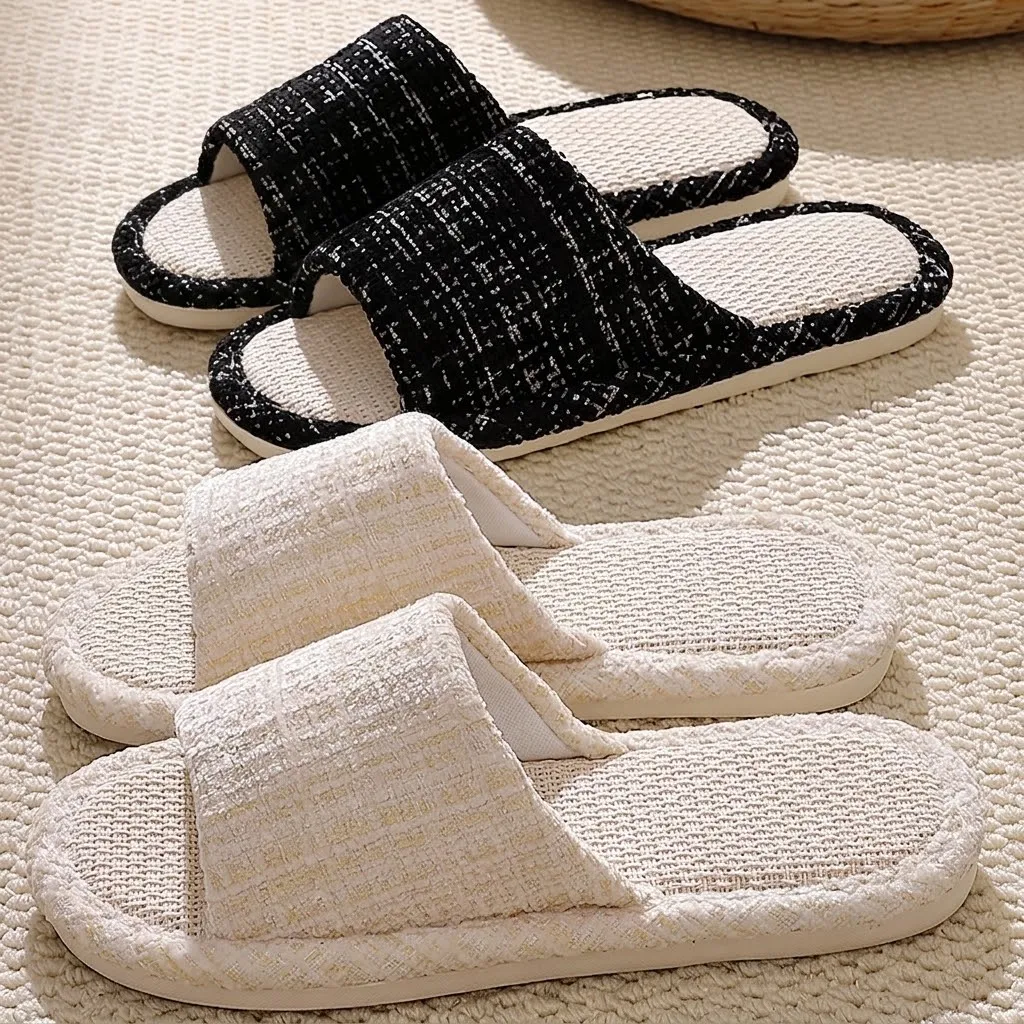 Atmungsaktive Leinen-Hausschuhe für Damen und Herren, gestrickte Tweed-Slipper mit offener Zehenpartie, rutschfeste, dicke, weiche Sohle, schweißabsorbierende Hausschuhe. – Detail 10