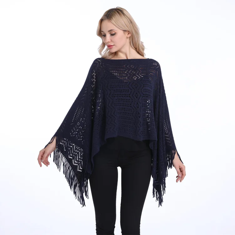 

Spring Autumn New Double-layer Irregular Shawl Hollowed Out Tassel Lattice Cloak Versatile Loose Pullover Poncho