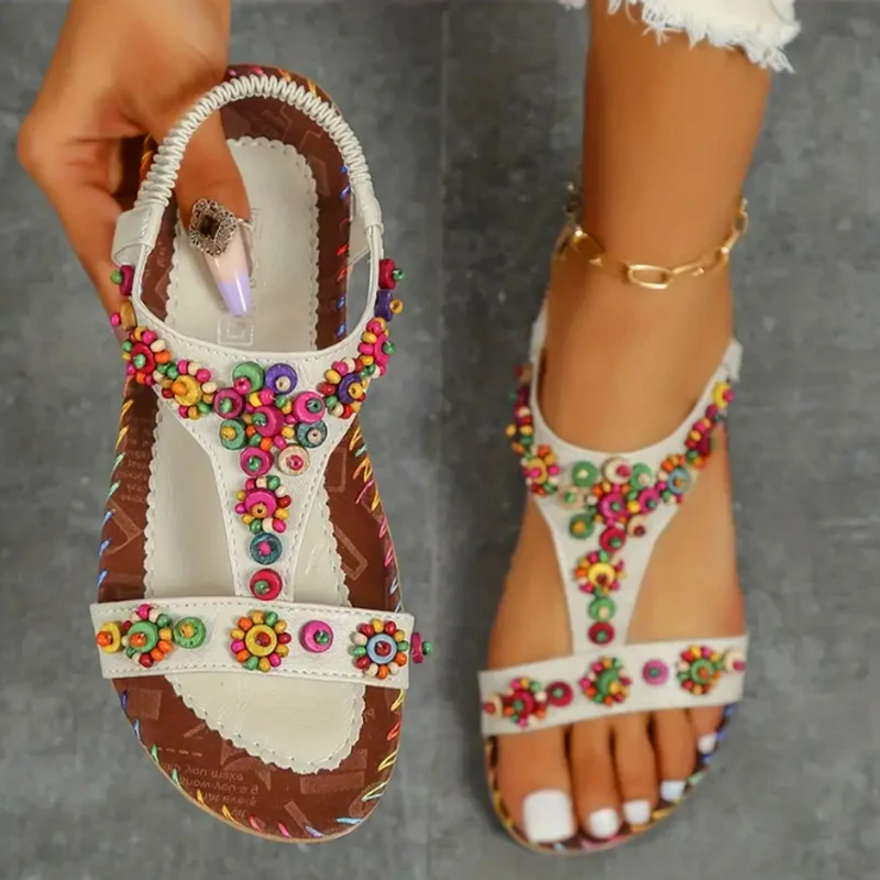 Lucyever Beaded Flowers Flat Heeled Sandals Women Summer 2023 Plus Size Open Toe Bohemian Sandals Woman Elastic Strap Rome Shoes