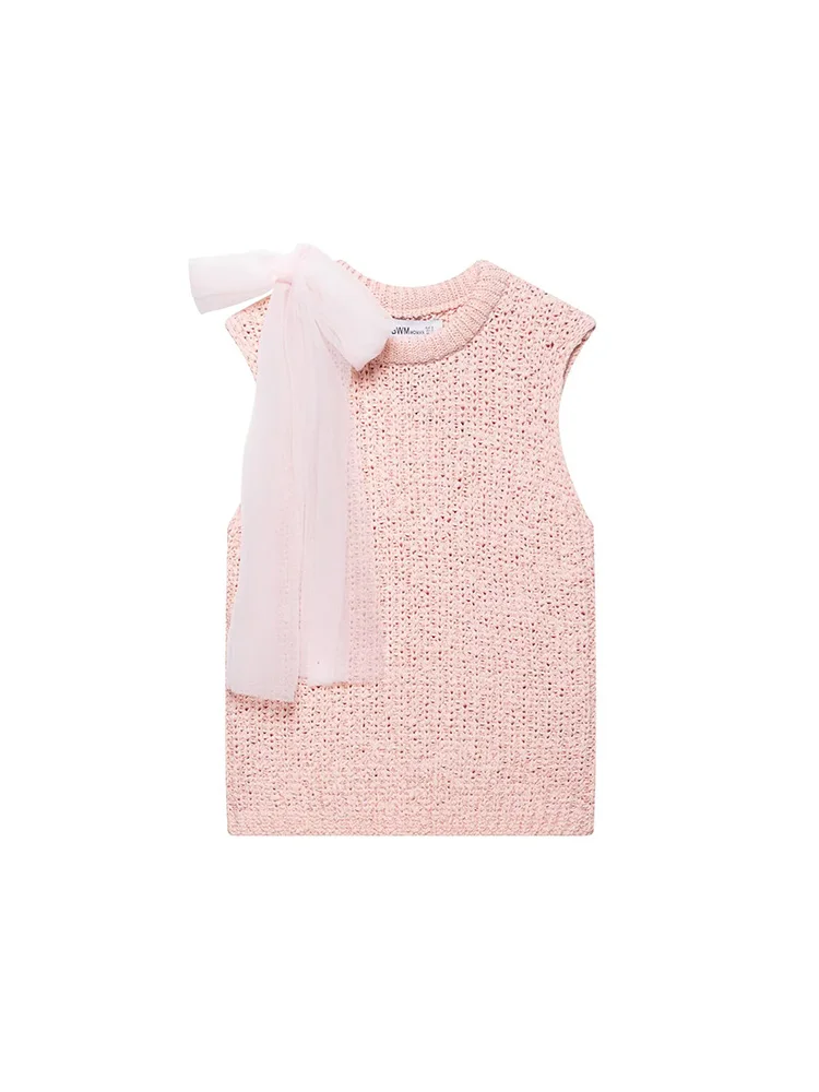

KUCLUT Women Fashion With Bow Pink Knitted Pullover Vest Vintage O-Neck Sleeveless Female Chic Lady Tank Tops