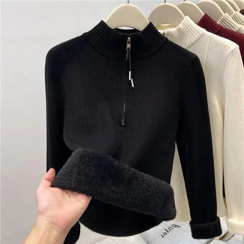Zipper Half Turtleneck Sweater with Fleece Lining, Thickened Knitted Base Shirt for Women, Autumn and Winter Warm Inner Wear