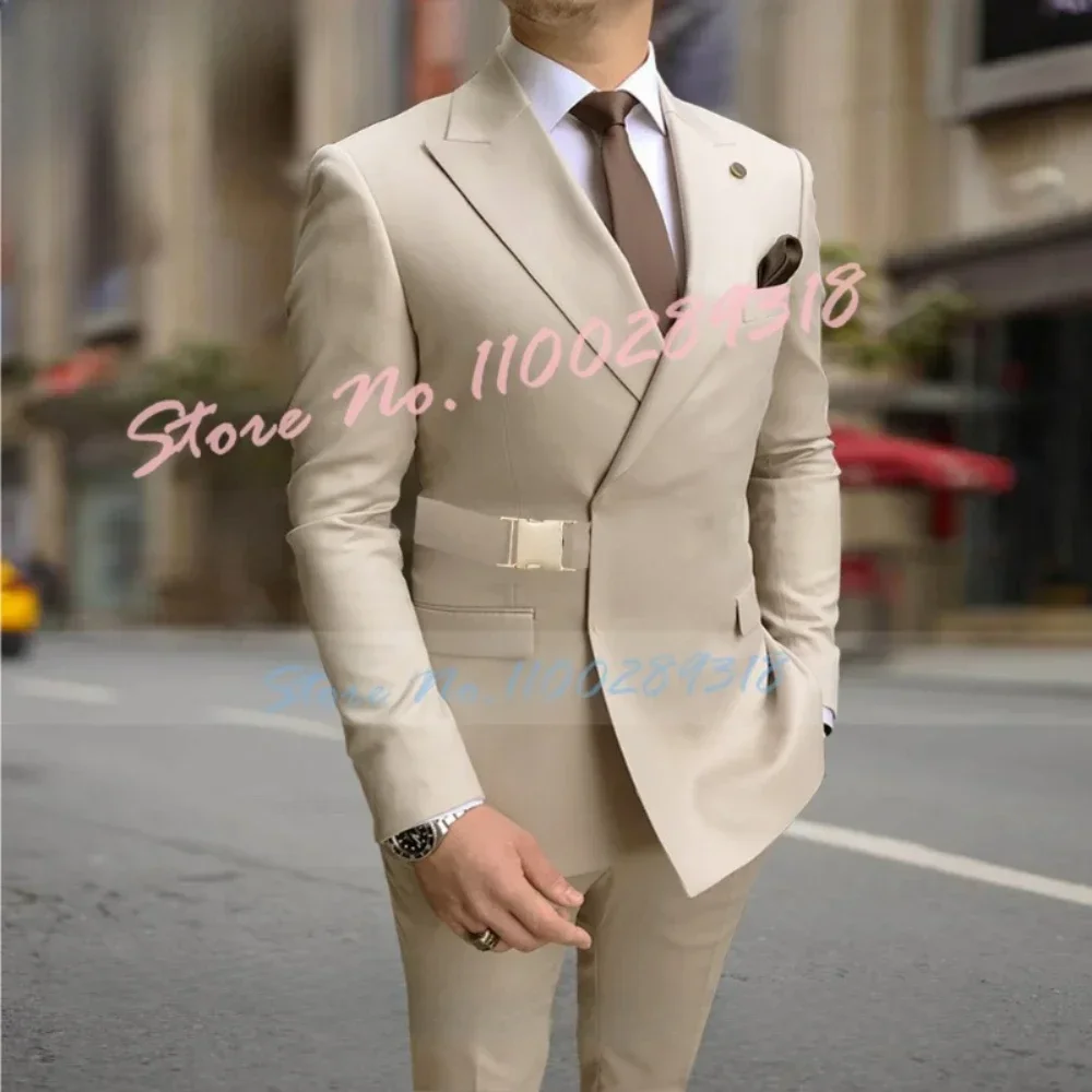 

2024 Men Suits with Gold Metal Buckle Men's Casual Blazer Pants Set Handmade Terno Masculino Костюм Мужской Costume Homme