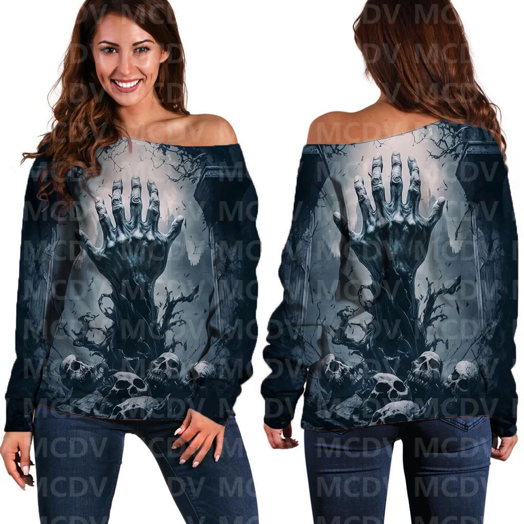 Suéter con hombros descubiertos para mujer, Jersey informal de manga larga con estampado 3D de Halloween