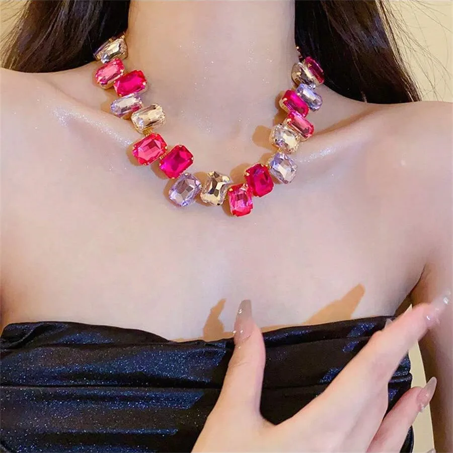 FYUAN Luxury Square Pink Colorful Crystal Choker Necklaces for Women Geometric Clavicle Chain Necklaces Party Wedding Jewelry