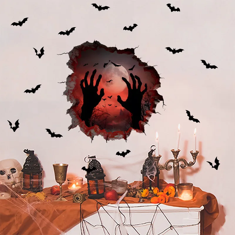 Torn Ripped Wall Halloween Wall Sticker, Bloody Full Moon Zombie Hands Flock Bats Decal, Spooky Haunted House Home Bar Decor