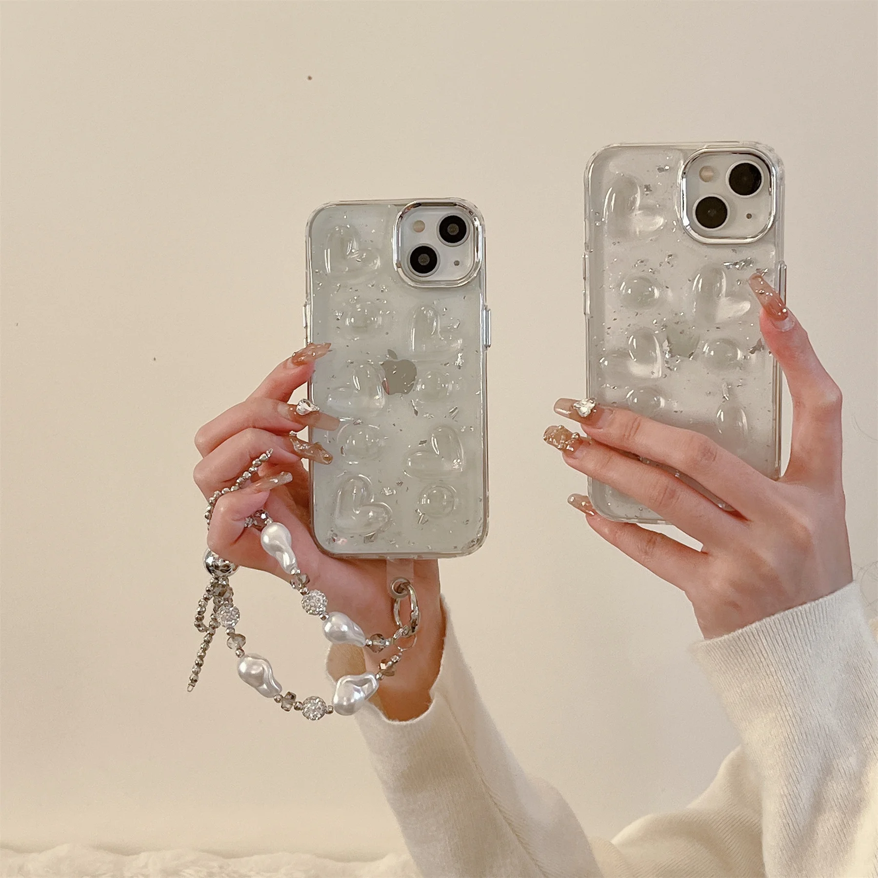 

Korean Electroplated Full Screen Crystal Heart Drop Glue Bow Bracelet Case for iPhone 15 14 13 12 Pro Max Cover For Girl Gift