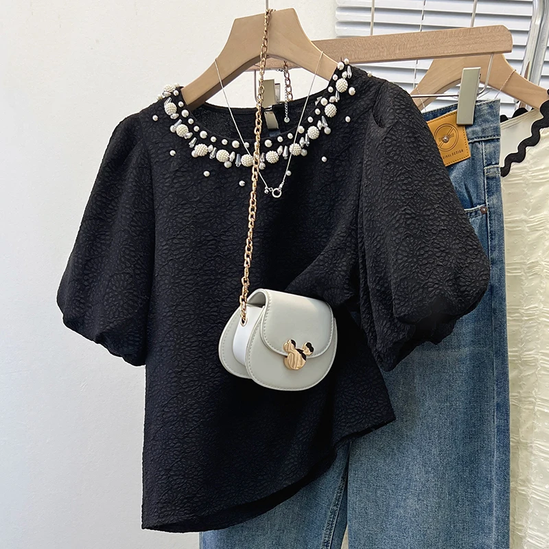 2024 New Summer Short Sleeve Peals Beading Shirt Women Korean Style O-Neck Casual Loose Blouse Tops Black White Blusas De Mujer