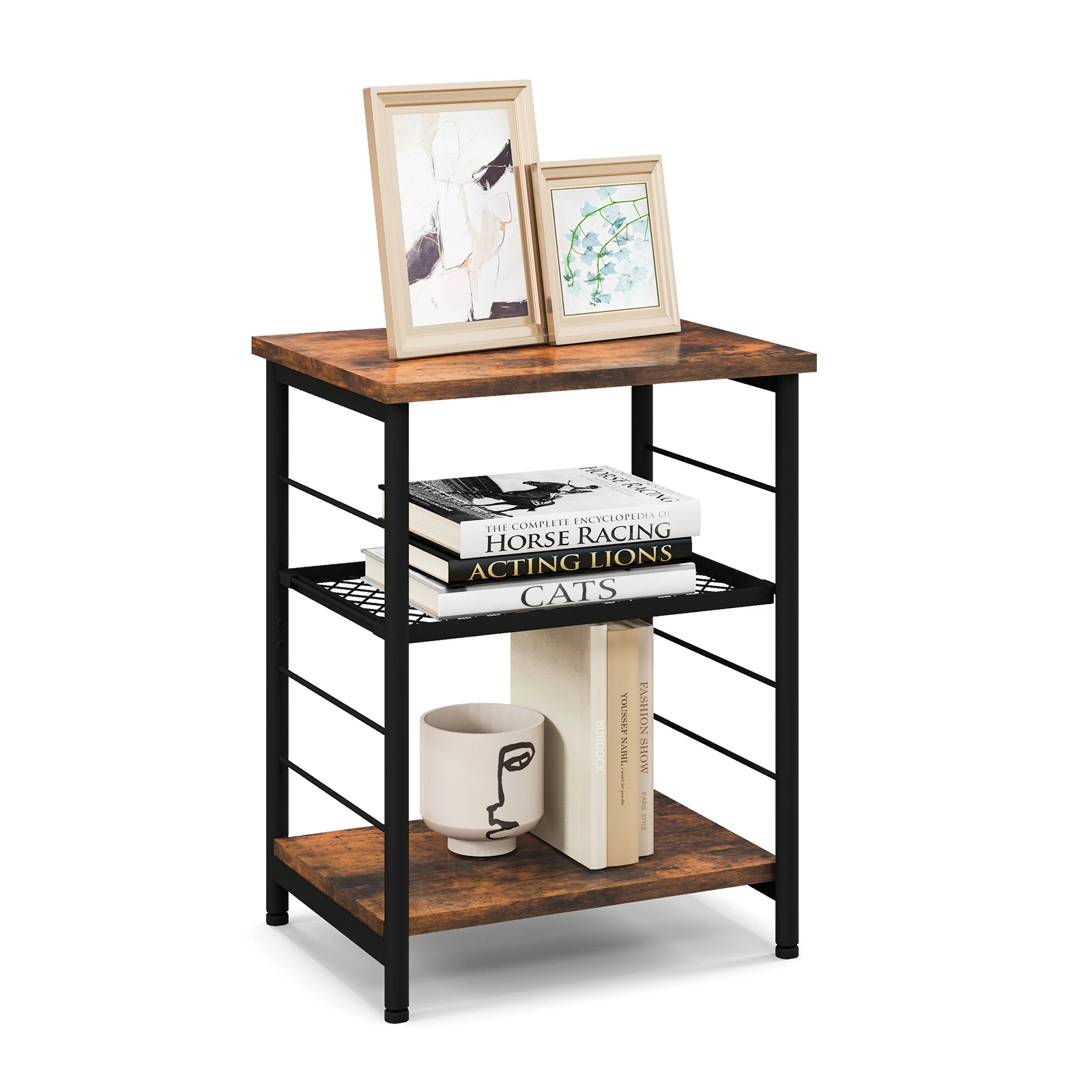 3-Tier Side End Table with Adjustable Mesh Shelf Narrow Nightstand