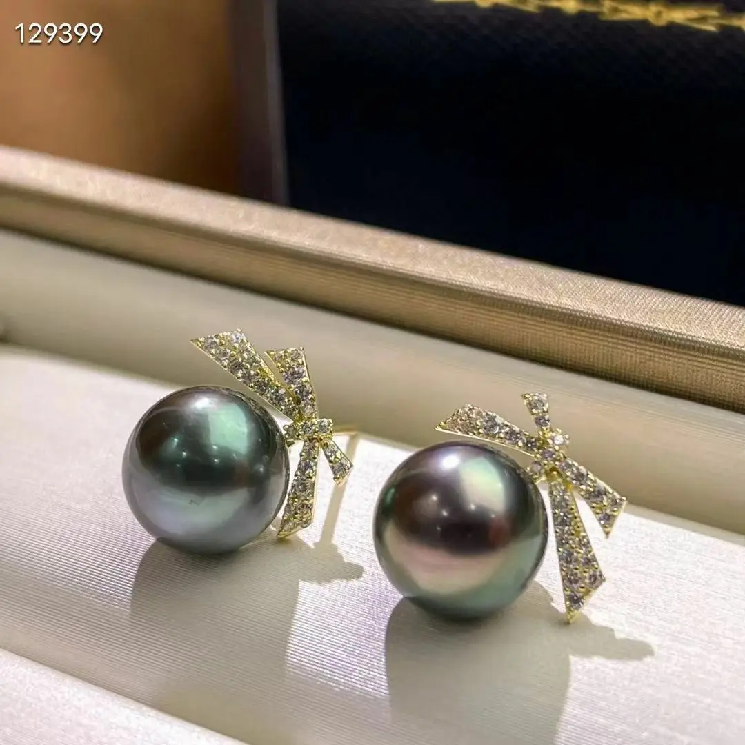 Stunning 10-11mm Tahitian Round Black Green Pearl Earring 925s