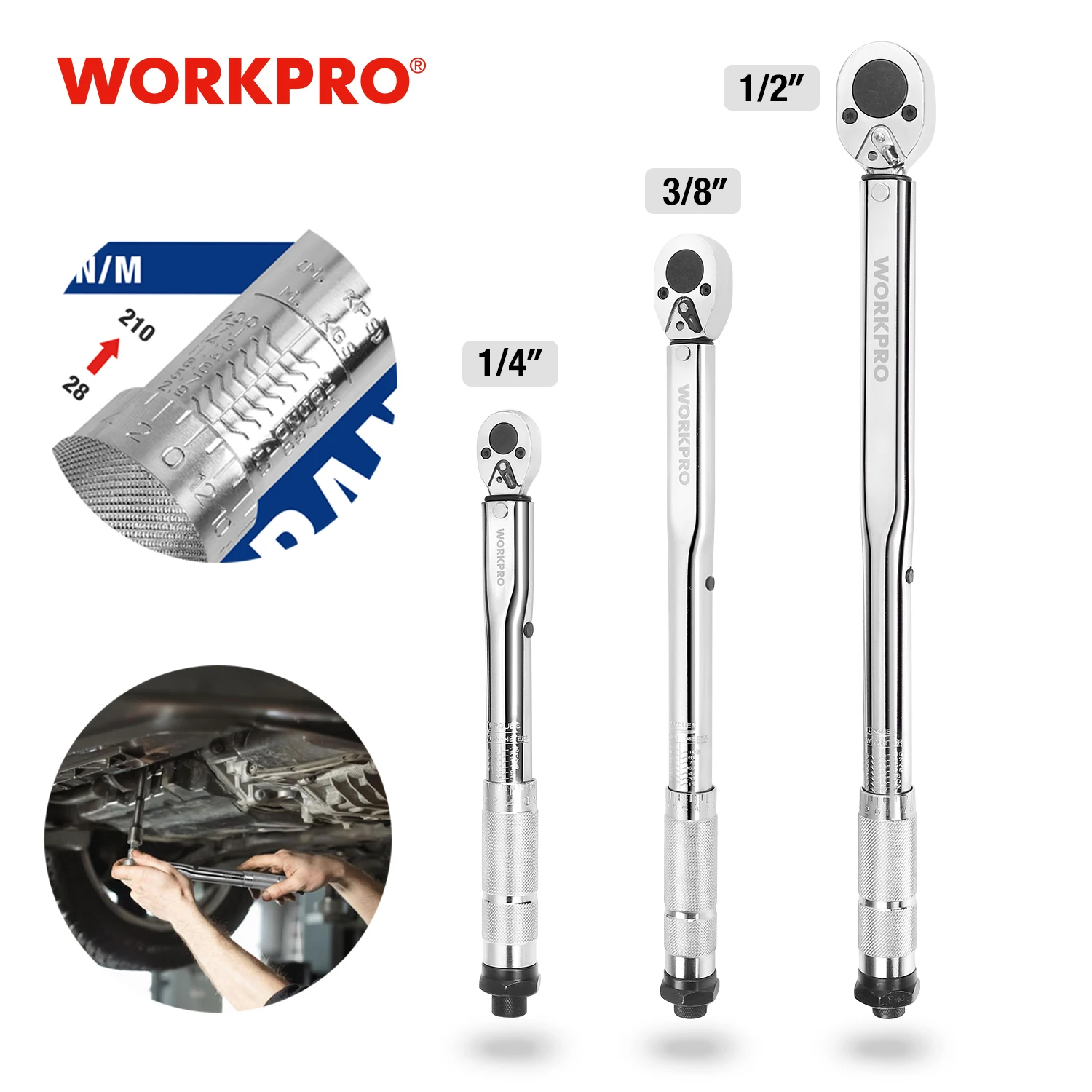 WORKPRO  3/8\'\' Square Drive Torque Wrench 5-210 N.m Auto Repair Two-way Precise Ratchet Wrench Repair Spanner Key