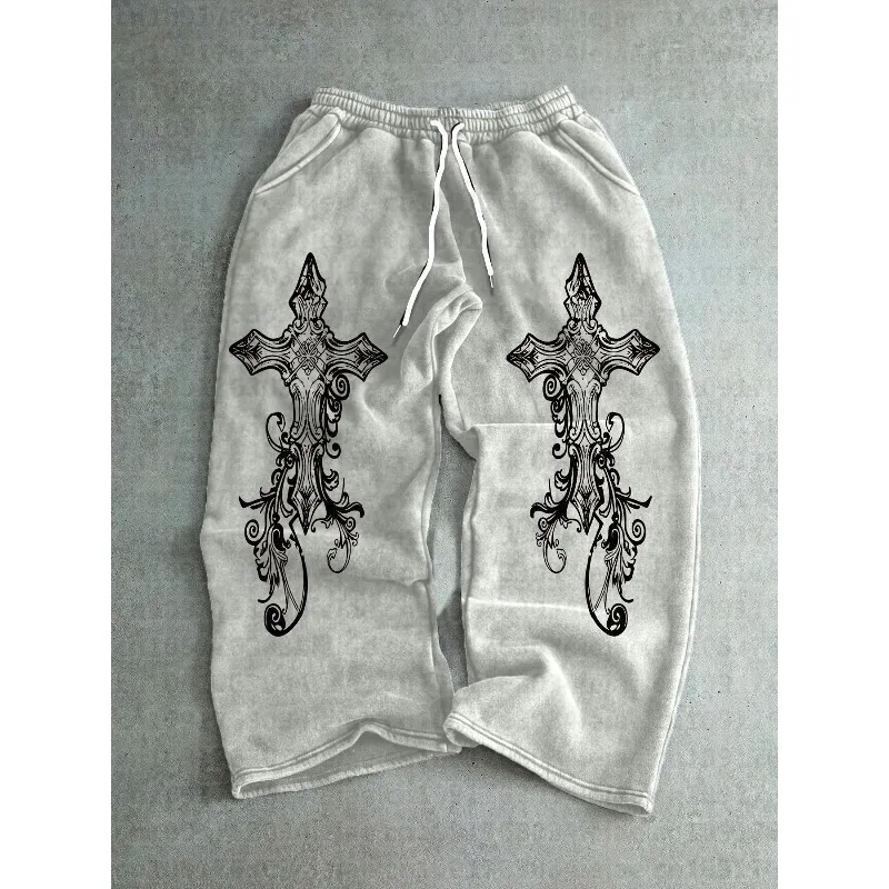 Men'S Kid Drawstring Waist Joggers, Court Style Cross Print Trousers, Comfortable and Fashionable Casual Sweatpants