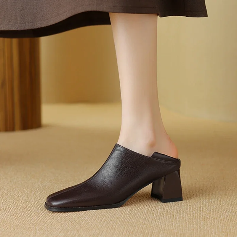 NEW Spring/Autumn Women Pumps Genuine Leather Shoes for Women Square Toe Chunky Heel Women Pumps Slip-on Shoes High Heel Shoes